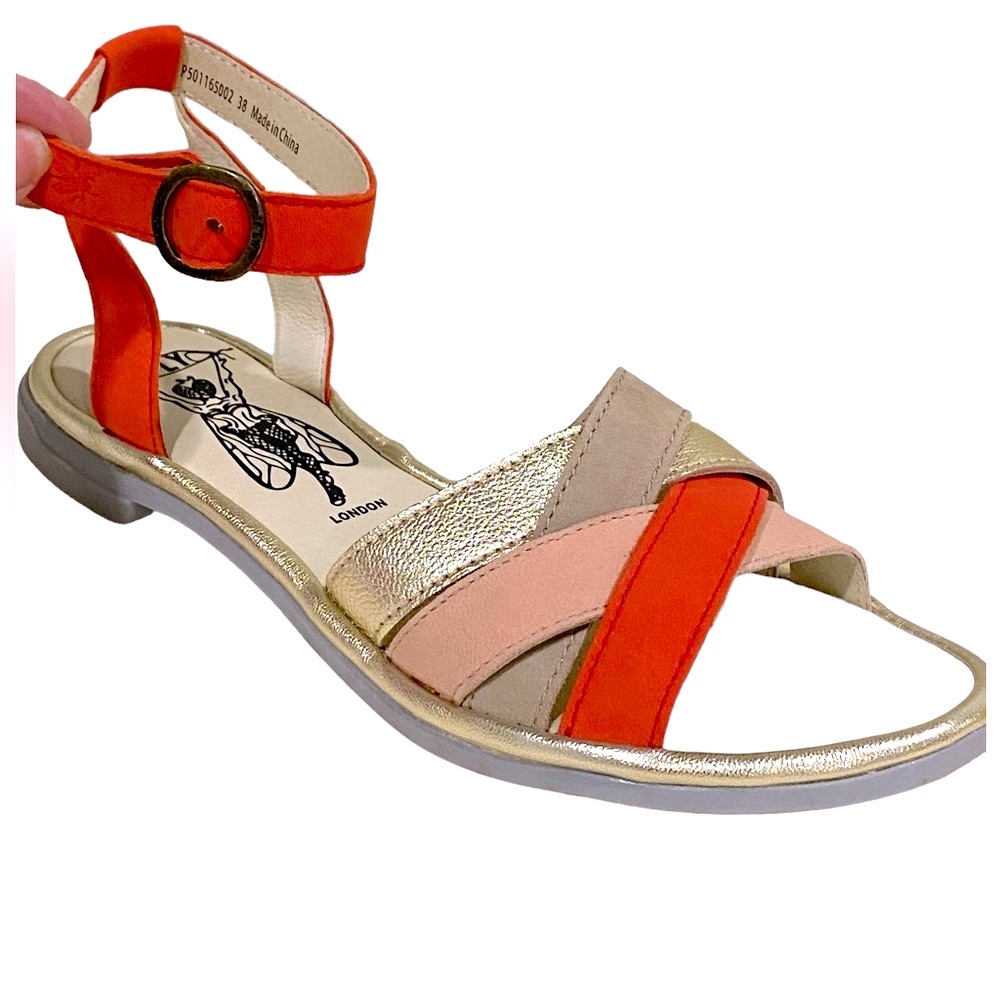 Fly London Cune Leather Flat Ankle Multi Strap Sandals Size 7 1/2
